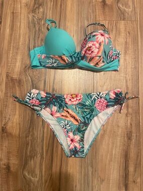 Turquoise Floral Push-Up Bikini Set with Tie-Side bottoms